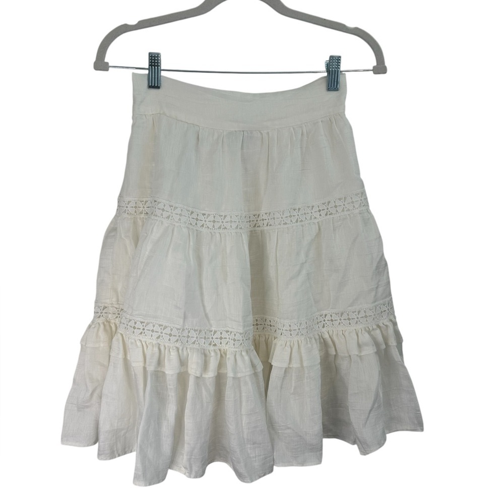 Sandro Guipure Lace Trimmed Linen Blend Gauze Skirt Size 36 - Picture 4 of 6